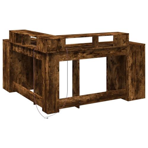 Skrivebord med LED-lys 152x152x91 cm konstrueret træ røget eg