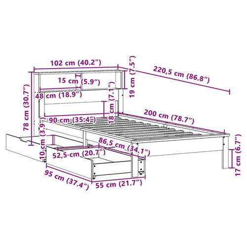 Seng med reol uden madras 90x200 cm massivt fyrretræ gyldenbrun
