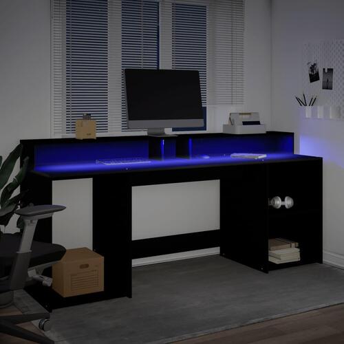 Skrivebord med LED-lys 200x55x91 cm konstrueret træ sort