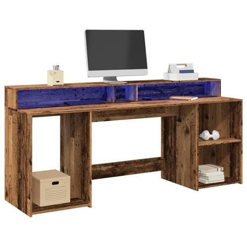 Skrivebord m. LED-lys 200x55x91 cm konstrueret træ gammelt træ