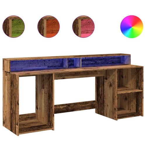 Skrivebord m. LED-lys 200x55x91 cm konstrueret træ gammelt træ