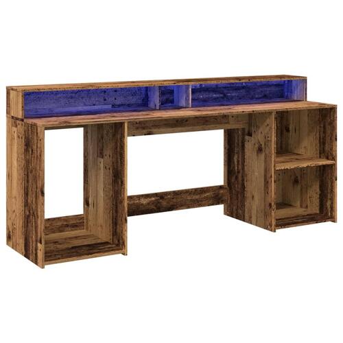 Skrivebord m. LED-lys 200x55x91 cm konstrueret træ gammelt træ