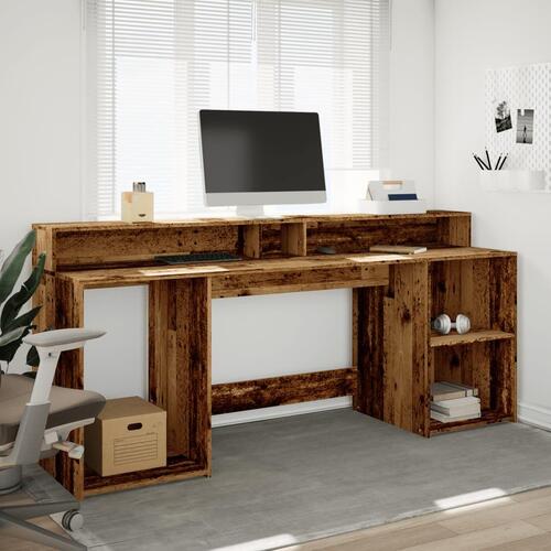 Skrivebord m. LED-lys 200x55x91 cm konstrueret træ gammelt træ