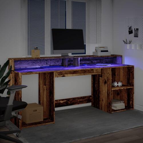 Skrivebord m. LED-lys 200x55x91 cm konstrueret træ gammelt træ