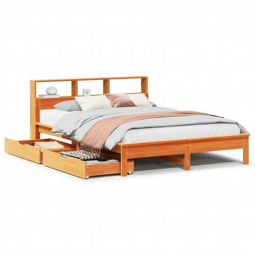 Seng med reol uden madras 135x190cm massivt fyrretræ gyldenbrun