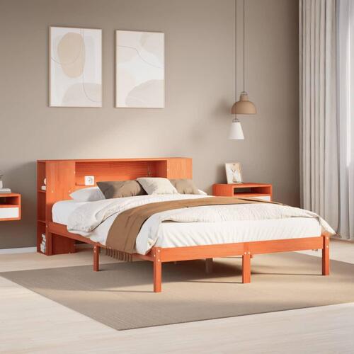 Seng med reol uden madras 135x190cm massivt fyrretræ gyldenbrun