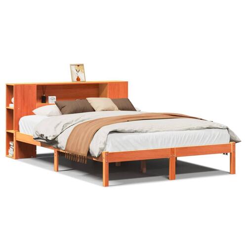 Seng med reol uden madras 135x190cm massivt fyrretræ gyldenbrun
