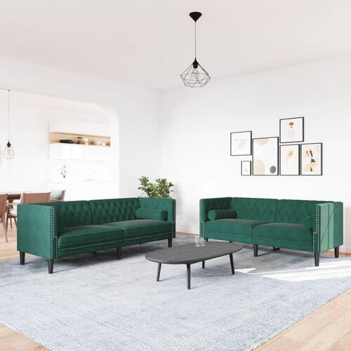 2-personers Chesterfield-sofasæt med puder fløjl mørkegrøn