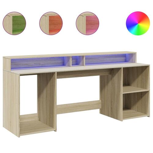 Skrivebord med LED-lys 200x55x91 cm konstrueret træ sonoma-eg