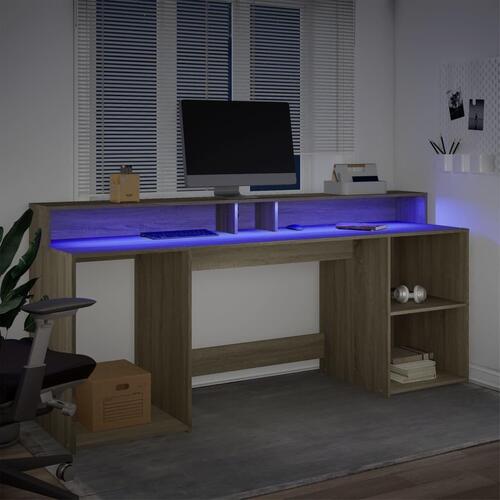 Skrivebord med LED-lys 200x55x91 cm konstrueret træ sonoma-eg