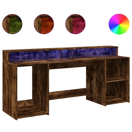 Skrivebord med LED-lys 200x55x91 cm konstrueret træ røget eg