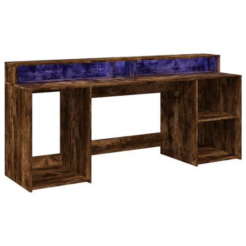Skrivebord med LED-lys 200x55x91 cm konstrueret træ røget eg