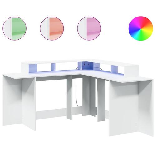 Skrivebord med LED-lys 152x152x91 cm konstrueret træ hvid