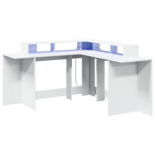 Skrivebord med LED-lys 152x152x91 cm konstrueret træ hvid