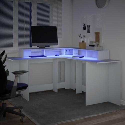 Skrivebord med LED-lys 152x152x91 cm konstrueret træ hvid
