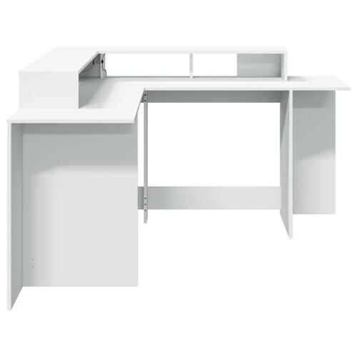 Skrivebord med LED-lys 152x152x91 cm konstrueret træ hvid