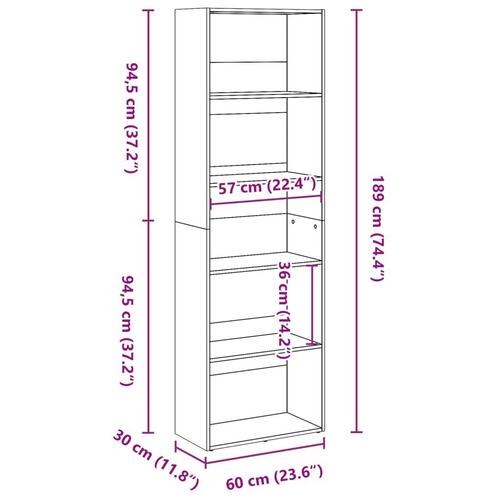 Bogreol 60x30x189 cm konstrueret træ sonoma-eg