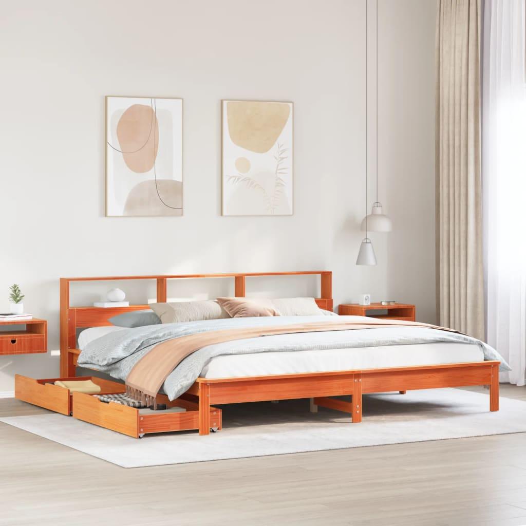 Seng med reol uden madras 200x200cm massivt fyrretræ gyldenbrun