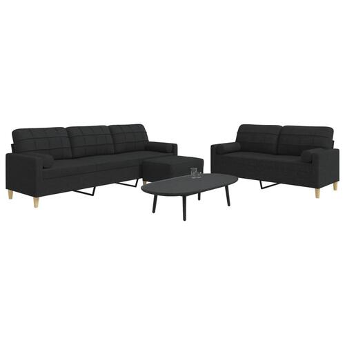 3 personers sofa med fodskammel og pyntepuder stof sort