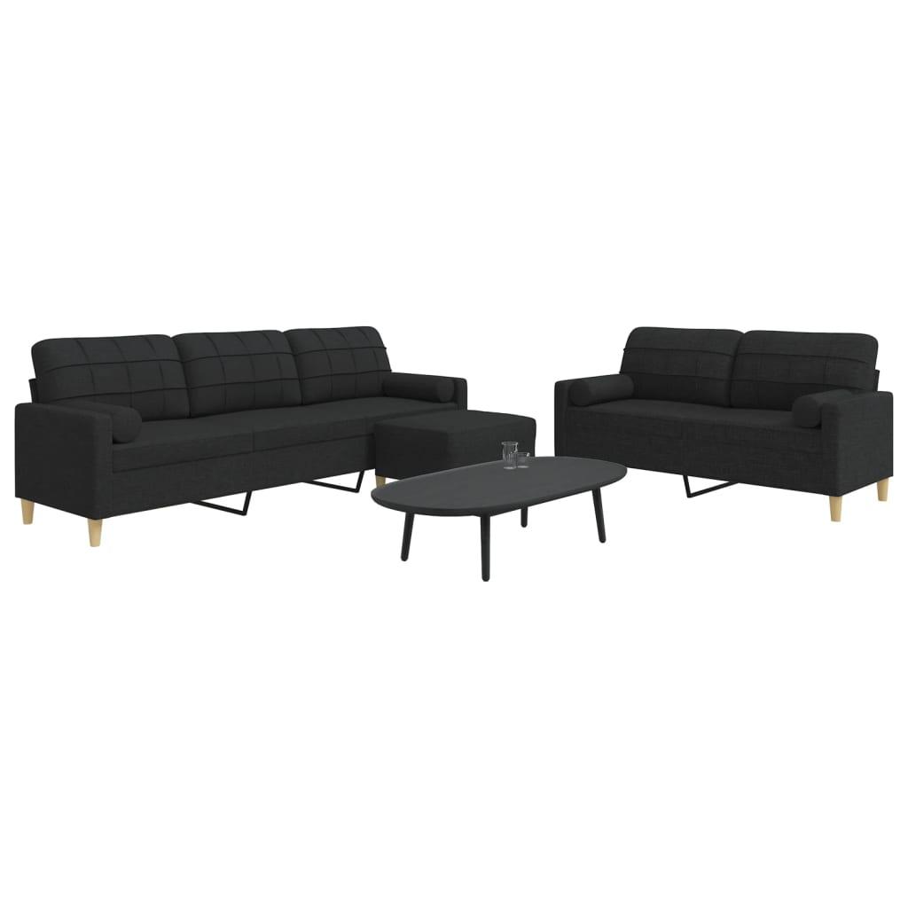 3 personers sofa med fodskammel og pyntepuder stof sort
