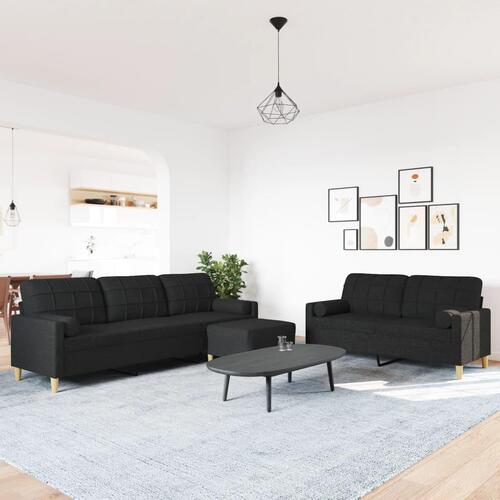 3 personers sofa med fodskammel og pyntepuder stof sort