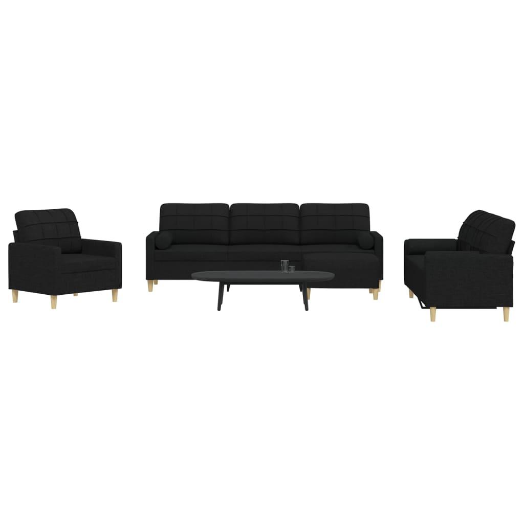 Sofasæt 4 dele med fodskammel og pyntepuder stof sort
