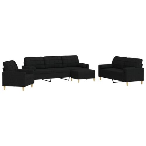 Sofasæt 4 dele med fodskammel og pyntepuder stof sort