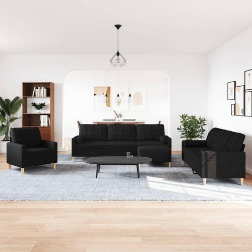 Sofasæt 4 dele med fodskammel og pyntepuder stof sort