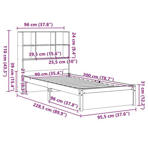 Seng med reol uden madras 90x200 cm massivt fyrretræ
