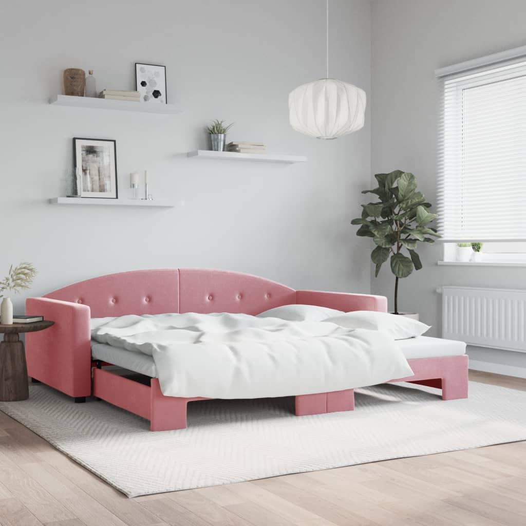 Daybed med udtræk 100 x 200 cm i lyserød velour