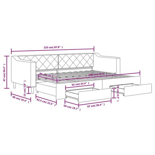 Daybed med udtræk og skuffer 80x200 cm stof gråbrun