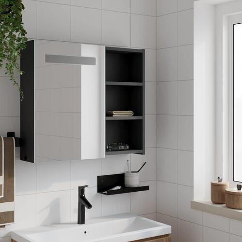 Badeværelsesskab med spejl og LED-lys 60x13x52 sort