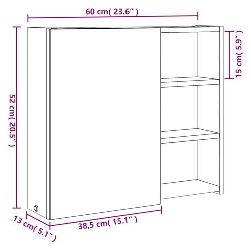 Badeværelsesskab med spejl og LED-lys 60x13x52 sort