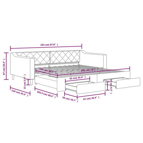 Daybed med udtræk og skuffer 100x200 cm stof cremefarvet