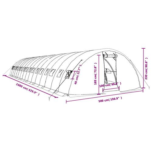 Drivhus med stålstel 80 m² 16x5x2,3 m hvid