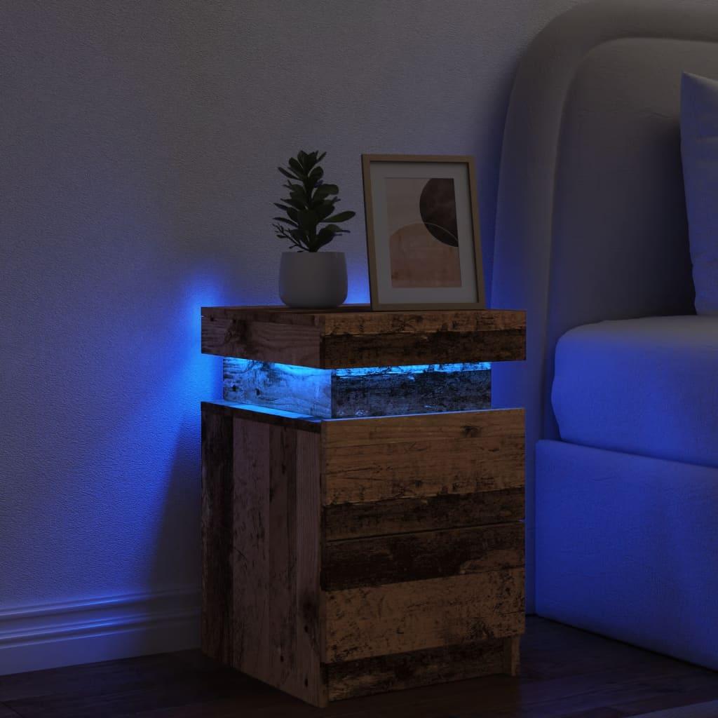 Sengebord 35x39x55 cm LED-lys konstrueret træ gammelt trælook