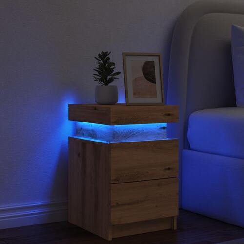 Sengebord 35x39x55 cm LED-lys konstrueret træ kunsteg