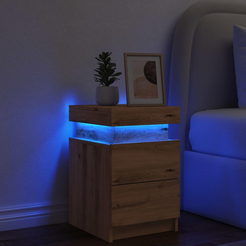 Sengebord 35x39x55 cm LED-lys konstrueret træ kunsteg