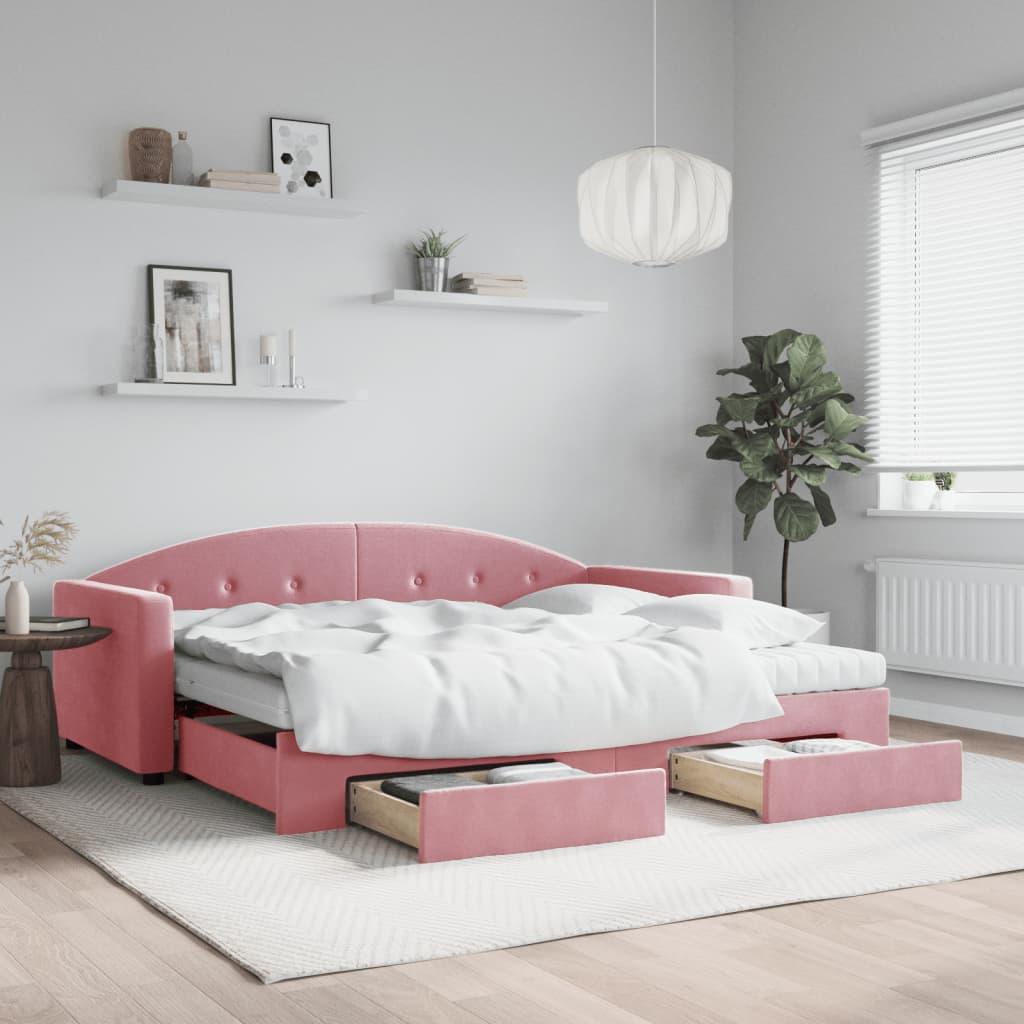 Daybed Velour Pink Lyserød - med udtræk og skuffe og madras / 90 x 200 cm