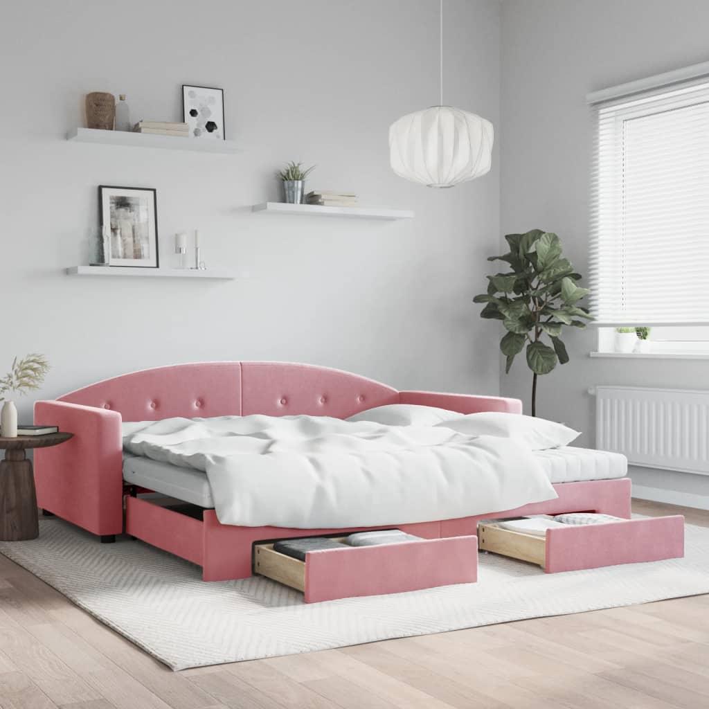 Daybed Velour Pink Lyserød - med udtræk og skuffe og madras / 100 x 200 cm