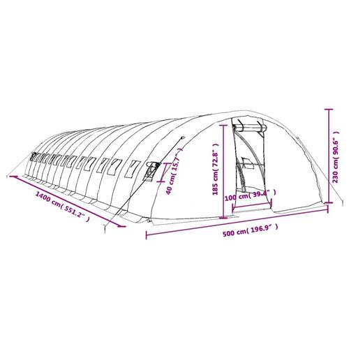 Drivhus med stålstel 70 m² 14x5x2,3 m hvid