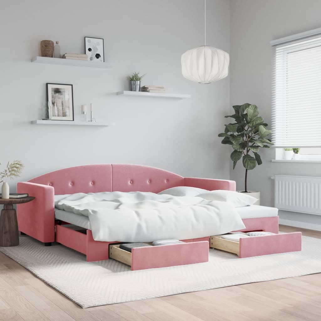 Daybed Velour Pink Lyserød - med udtræk og skuffe / 90 x 200 cm