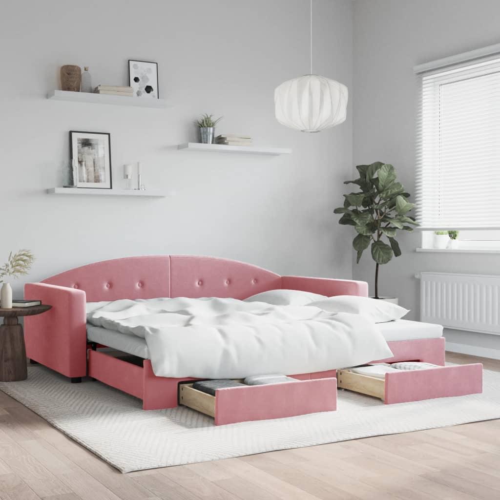 Daybed Velour Pink Lyserød - med udtræk og skuffe / 100 x 200 cm