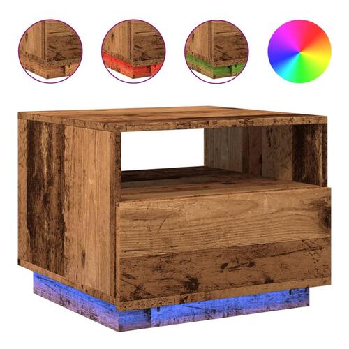 Sofabord med LED-lys 50x49x40 cm gammelt træ-look