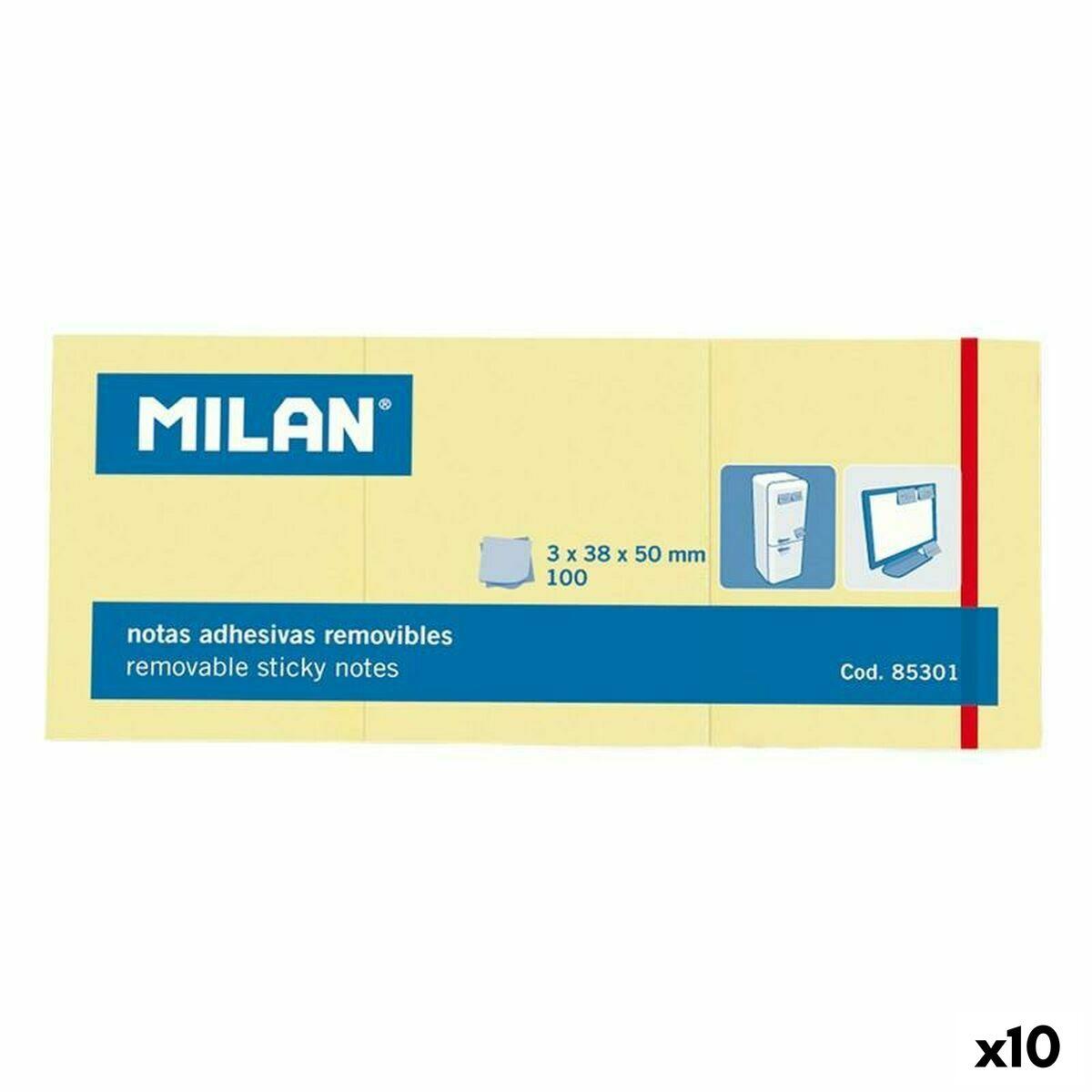 Milan klæbende huskesedler 3-i-1 - Gul, 38 × 50 mm (10 pakker)