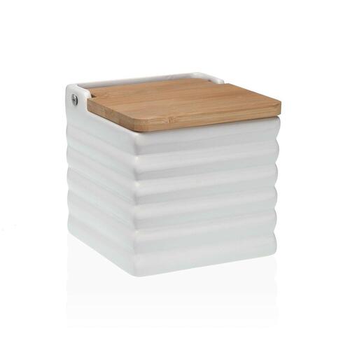 Saltbøsse med låg Versa Striber Hvid Keramik Bambus Dolomite 11 x 11 x 11 cm