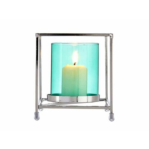 Lyseholder Firkantet Sølvfarvet Blå 11,5 x 12,6 x 11,5 cm Metal Glas