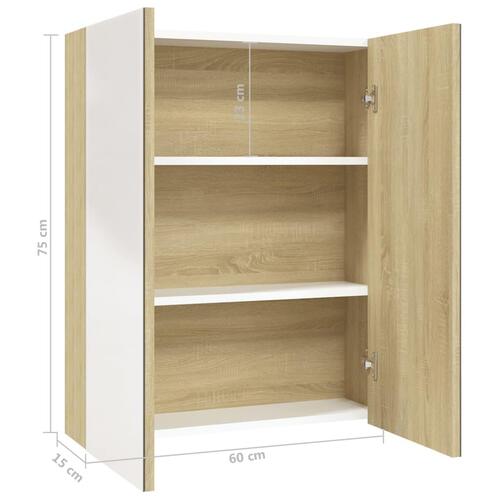 Badeværelsesskab med spejl 60x15x75 cm MDF hvid og egetræsfarvet