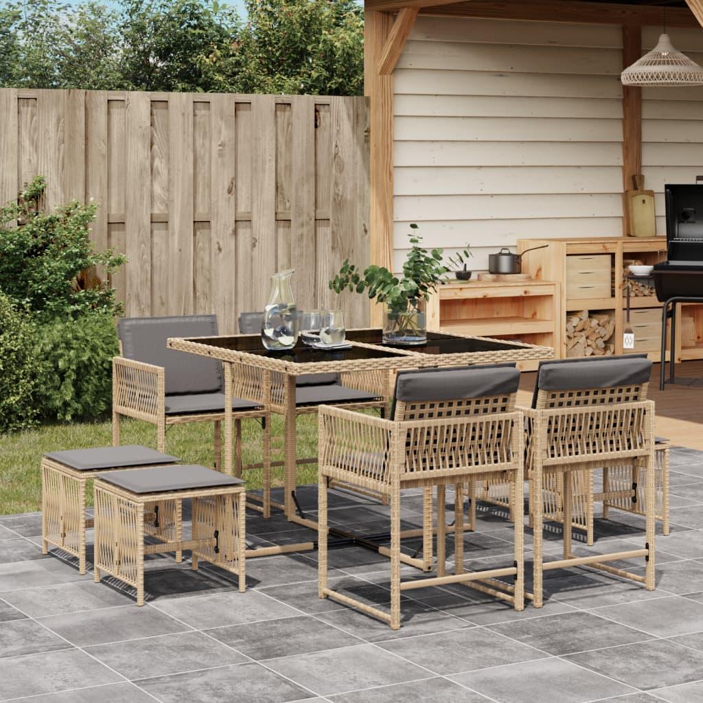 Spisebordssæt til haven 9 dele med hynder polyrattan beige billede