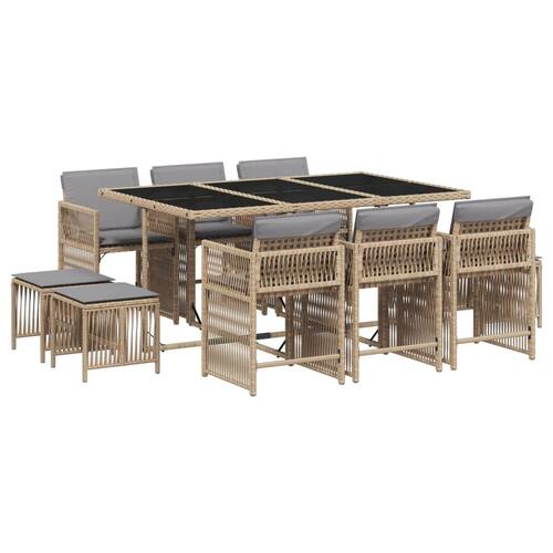 Spisebordssæt til haven 11 dele med hynder polyrattan beige